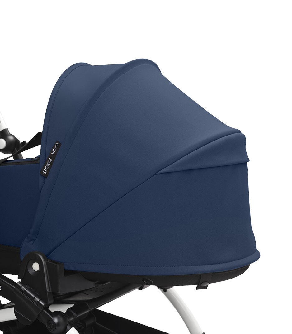 Stokke® YOYO3® Newborn Shell, Navy Blue. White Frame. Canopy ventilation closed, close-up. galery image 3